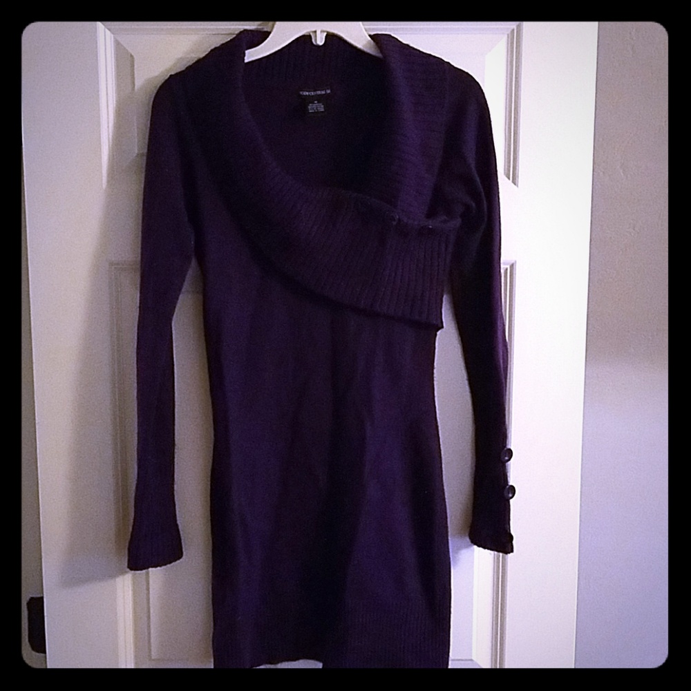 purple sweater dress would go well with leggins